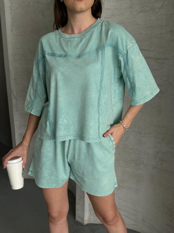 Acid washed short and T-shirt set mint - Image 2