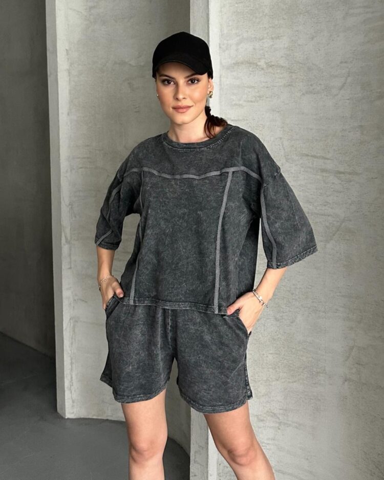 Acid washed short and T-shirt set grey