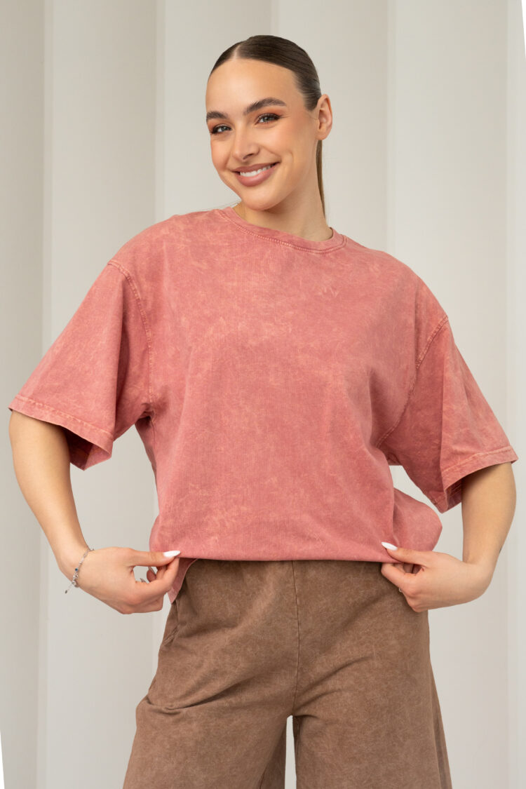 Medvilniniai oversize blukintos medvilnės marškinėliai "Dūminė rožė"