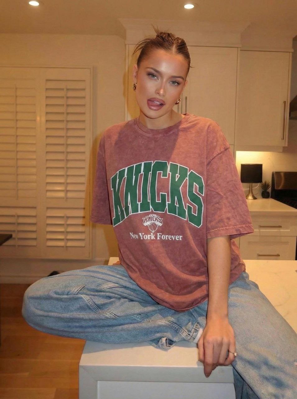 Medvilniniai oversize blukintos medvilnės marškinėliai "Knicks" - Image 2