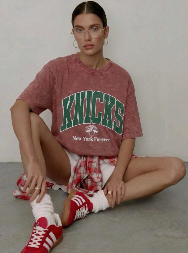 Medvilniniai oversize blukintos medvilnės marškinėliai "Knicks"