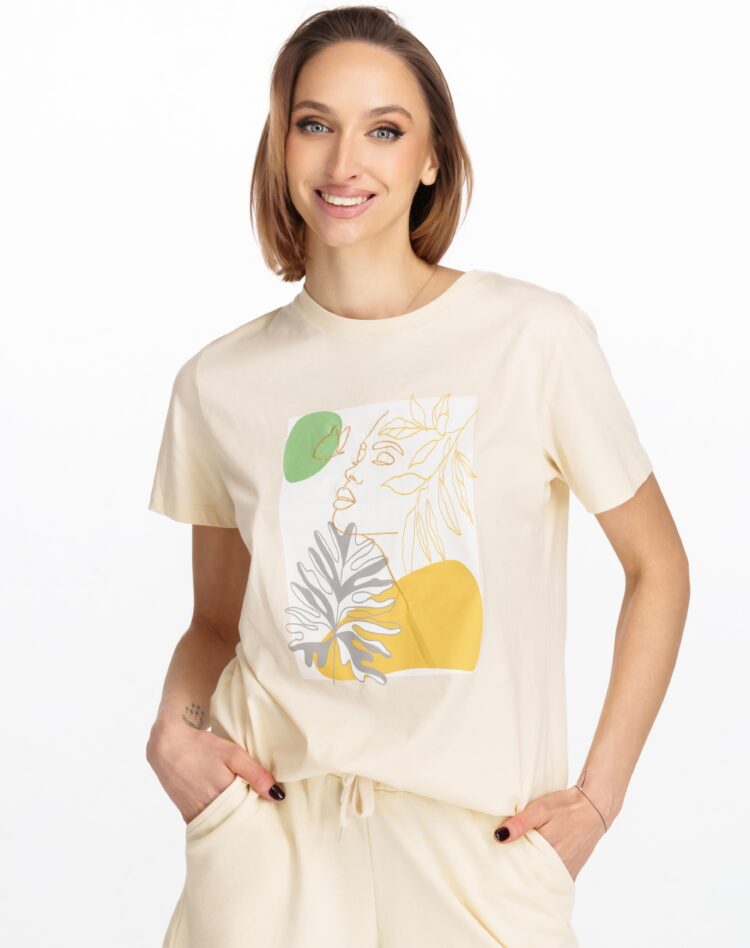 Moteriški marškinėliai su meniniu printu šviesto gelsvos spalvos