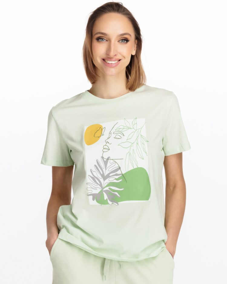 Moteriški marškinėliai su meniniu printu švelnios pistacijų spalvos