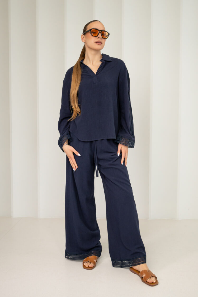 Lino ir viskozės kostiumėlis RIVA | tamsiai mėlynas