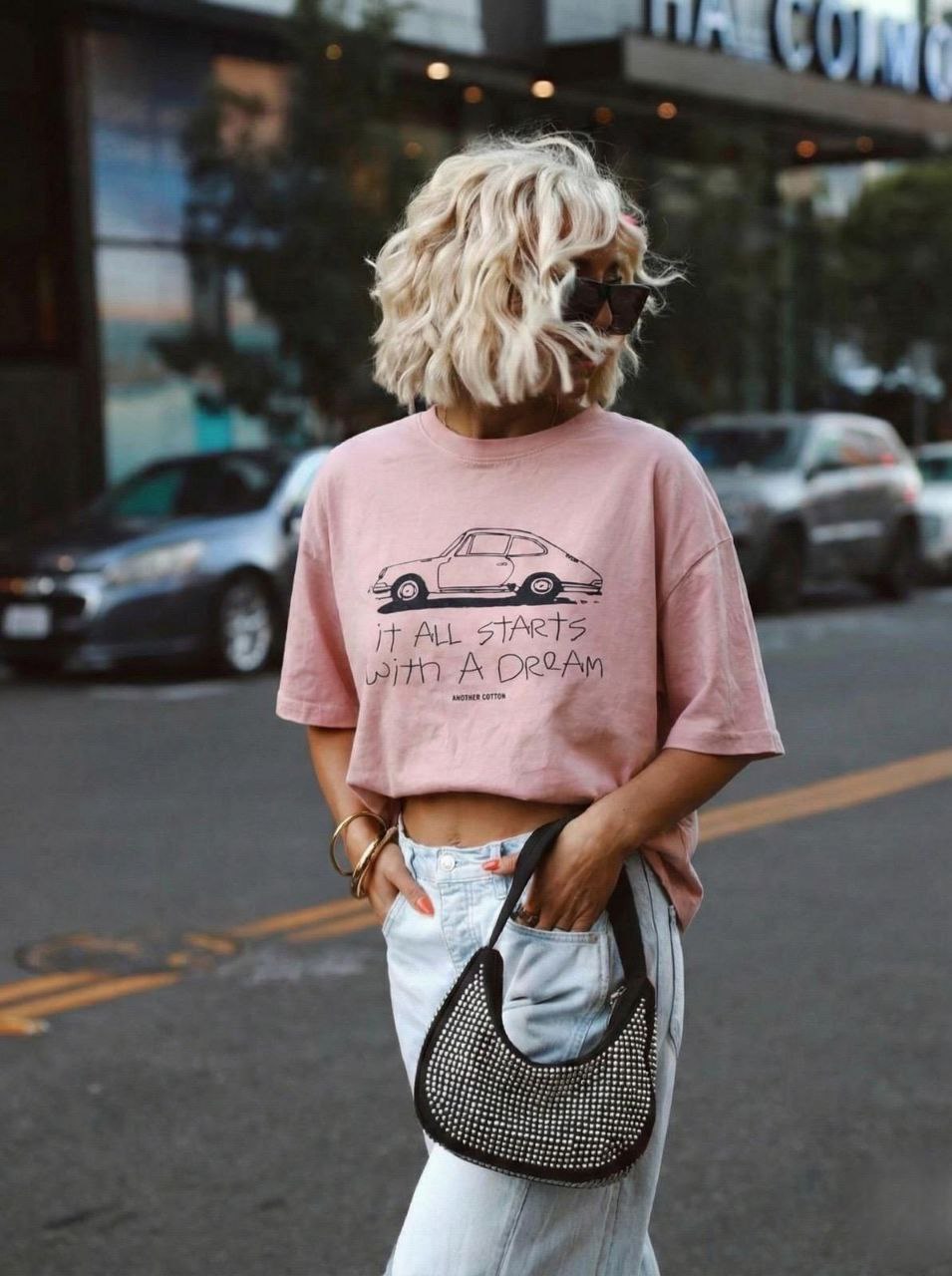 Blukintos medvilnės švelniai rožiniai marškinėliai su printu - Image 2