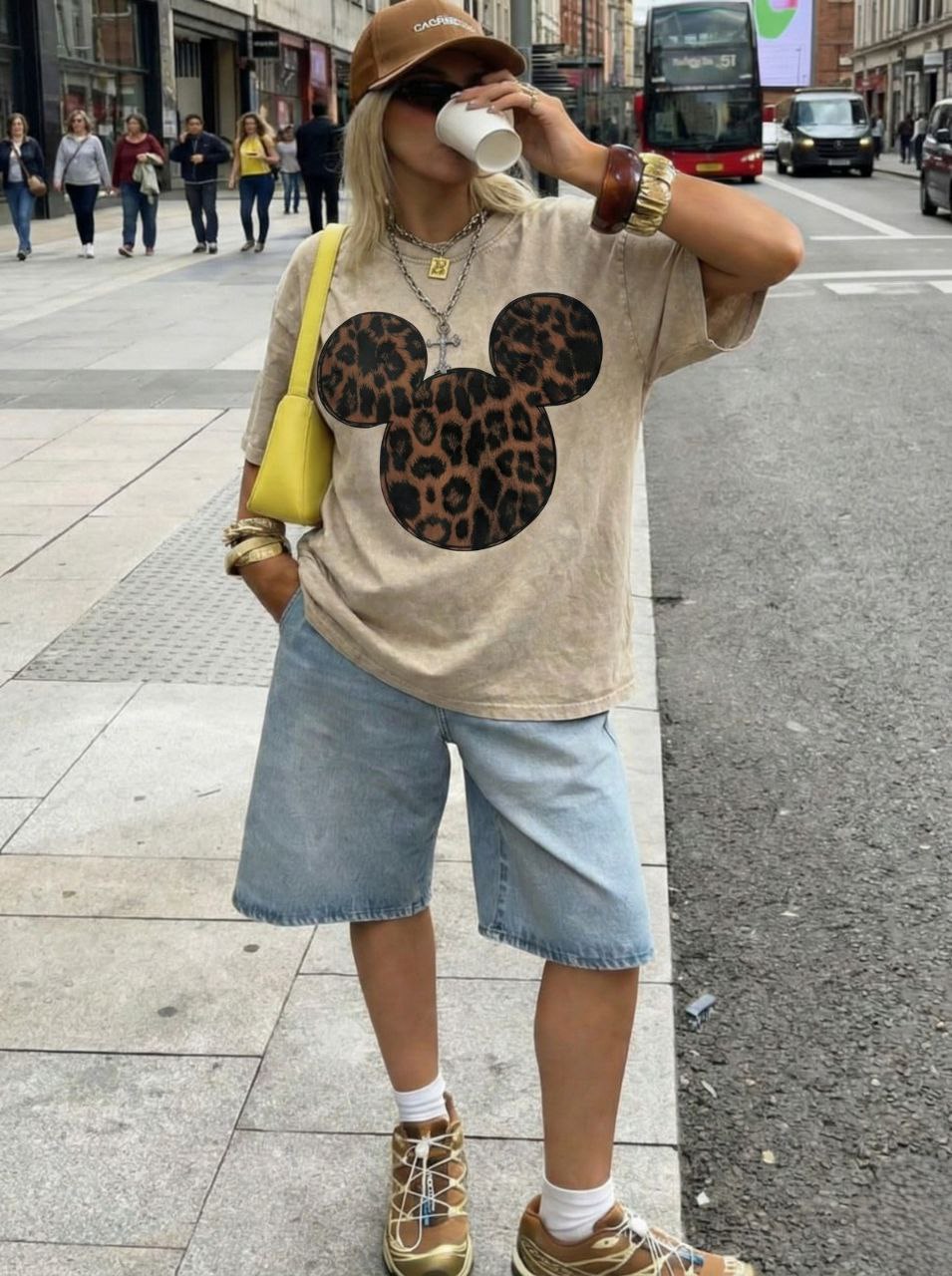 Medvilniniai blukintos medvilnės smėlio spalvos marškinėliai su printu - Image 2